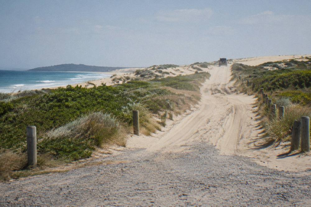 A signposted sand track leading from a beach car park toward open coastal dunes