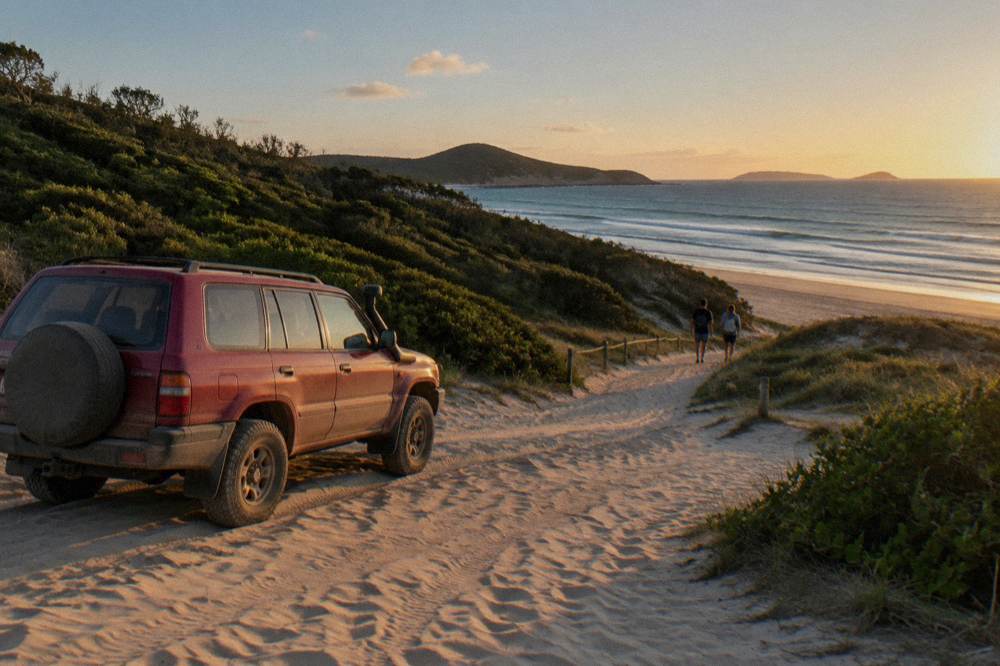 Four wheel drive vehicle parked on firm sand near the base of large dunes with a walking track visible
