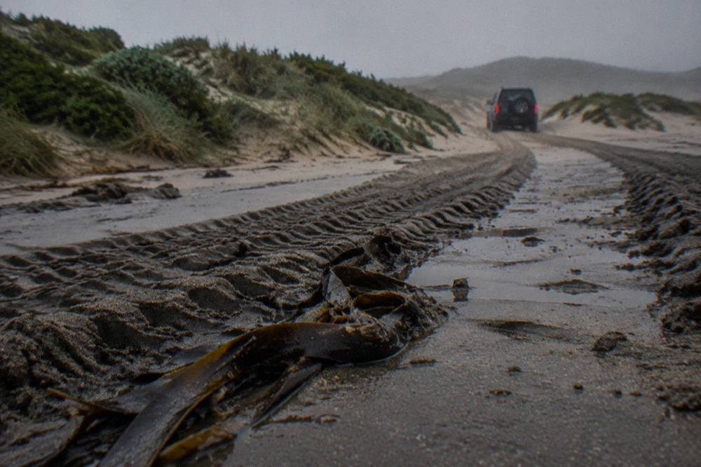 A four-wheel drive vehicle leaving tyre tracks on wet sand at the base of large sand dunes