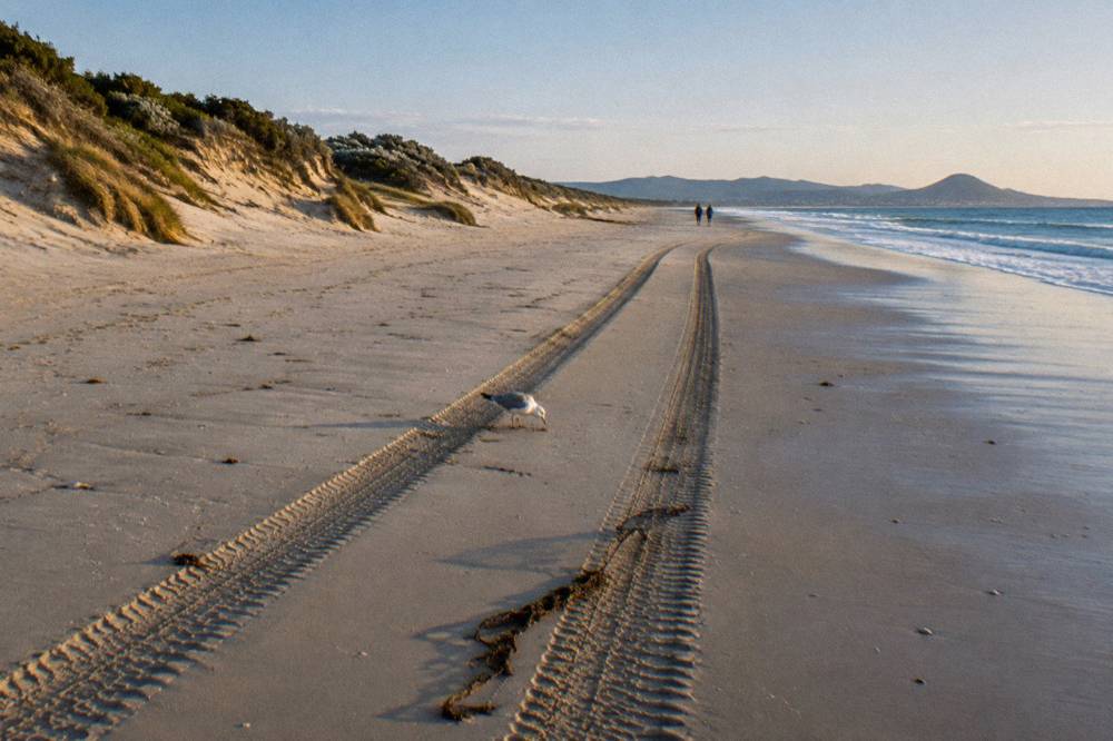 Tyre tracks running along firm wet sand beside a long line of coastal dunes under morning light