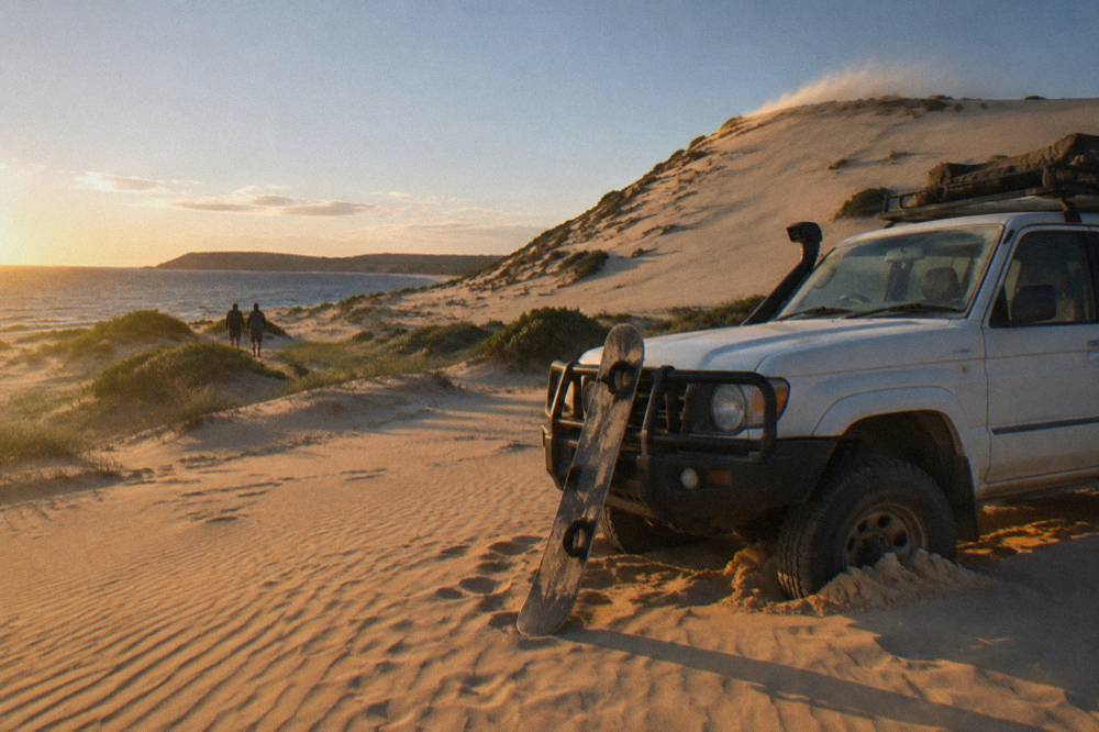 A four wheel drive vehicle parked at the foot of a large sand dune in late afternoon light, with long shadows across the rippled sand