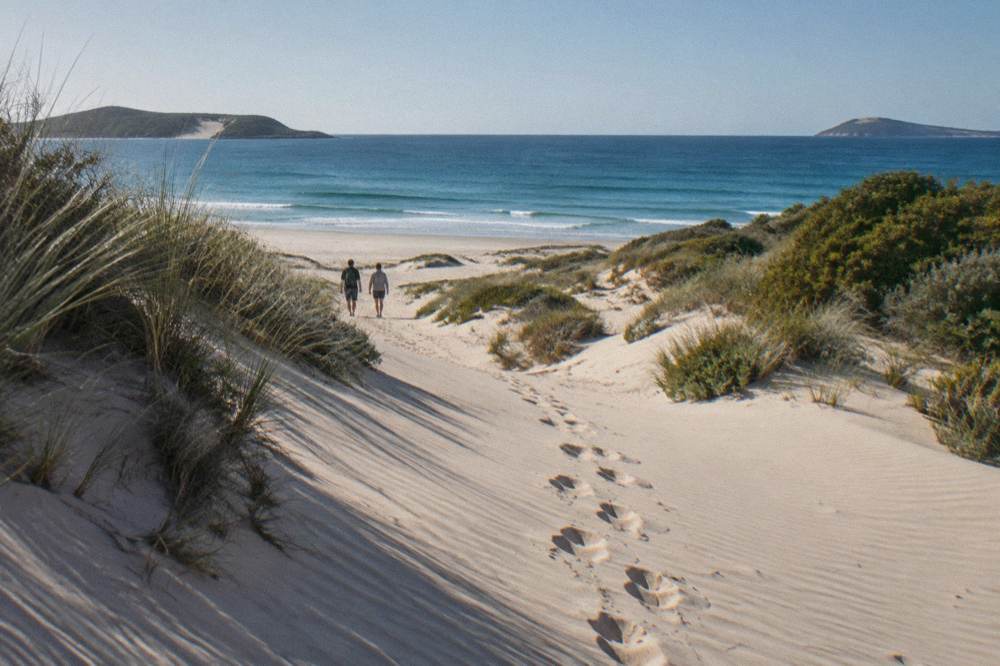 Footprints crossing a broad expanse of pale sand dunes toward the distant ocean horizon under a blue sky