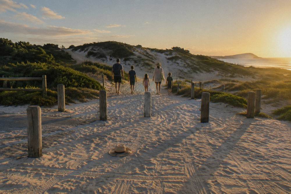 A family group walking across open sand toward a dune ridge in late afternoon light
