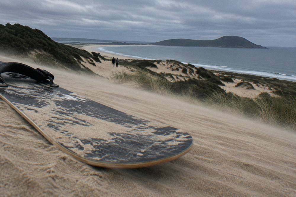 A sandboard resting on the slope of a large coastal sand dune under a clear sky