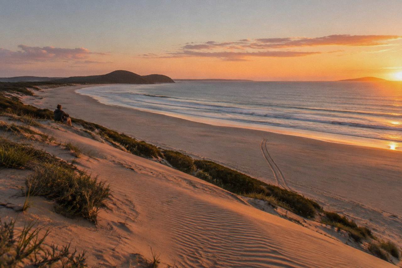 Wide view of tall sand dunes meeting the ocean at Anna Bay on a clear day