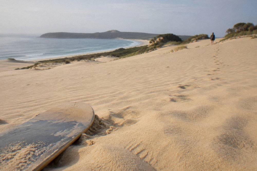 A sandboarding slope on the dunes in soft mid-morning light with no people