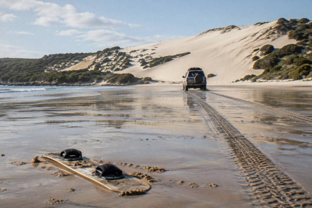 A four-wheel-drive vehicle leaving tracks on a wide flat stretch of wet sand at the base of large dunes