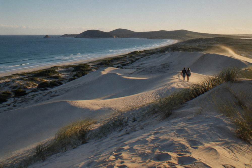 Golden sand ridges casting long shadows in low afternoon light with the ocean beyond
