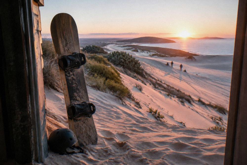 A stand-up sandboard with foot bindings standing upright in sand beside a steep dune face