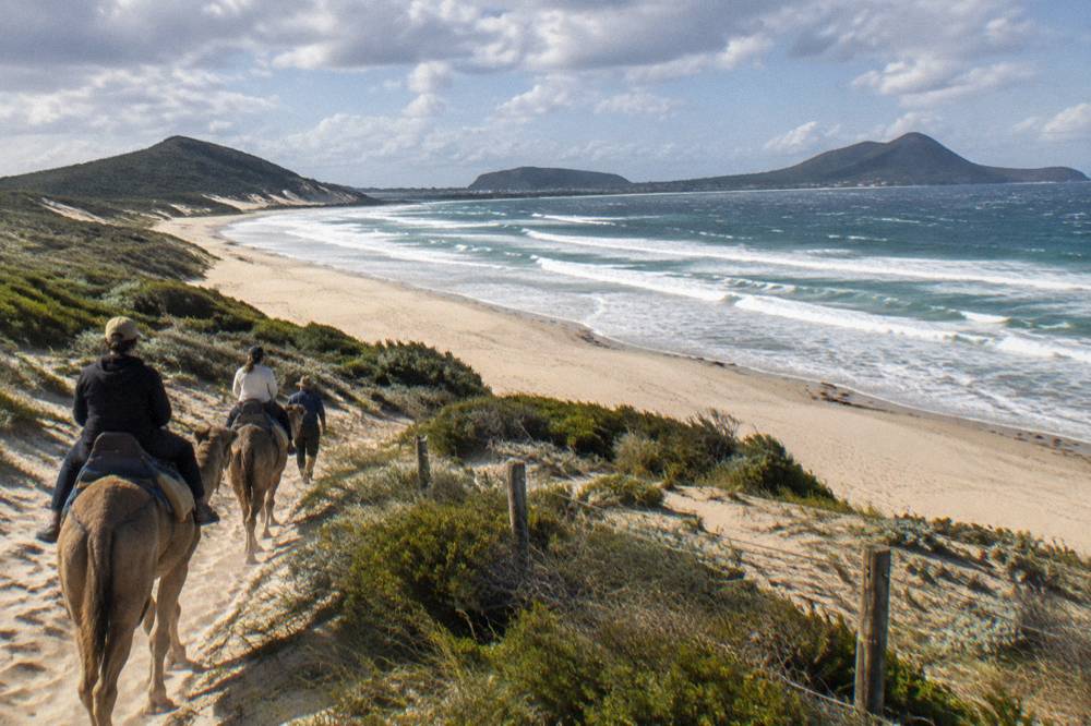 A wide sandy beach with rolling waves and headlands in the distance under scattered clouds