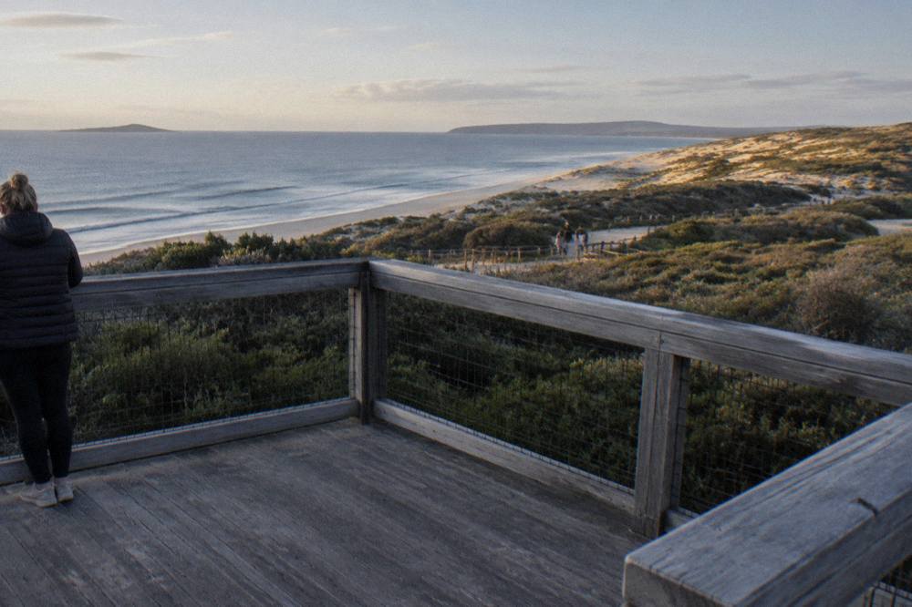 A wooden lookout platform above sand dunes with the ocean in the distance