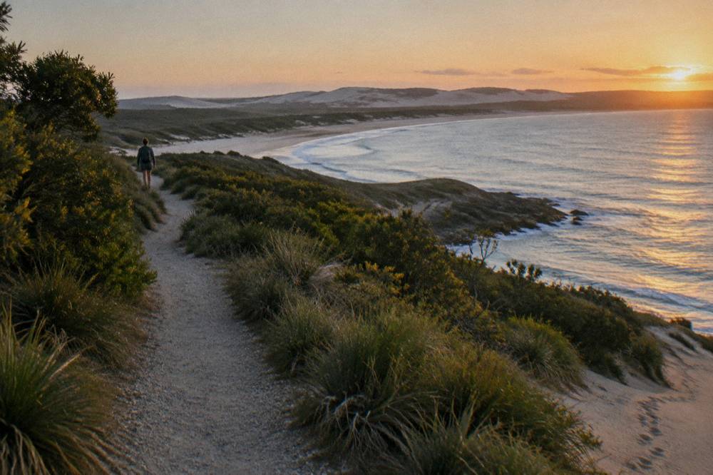 A coastal headland walking path with ocean views and dunes in the distance