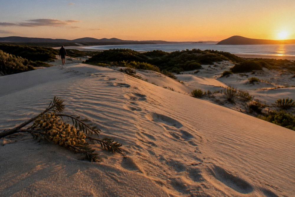 Golden evening light across smooth sand ridges near the coast