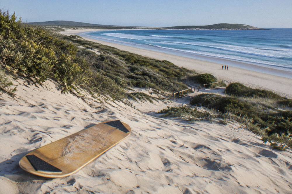 A sandboard resting on a smooth dune slope above the shoreline