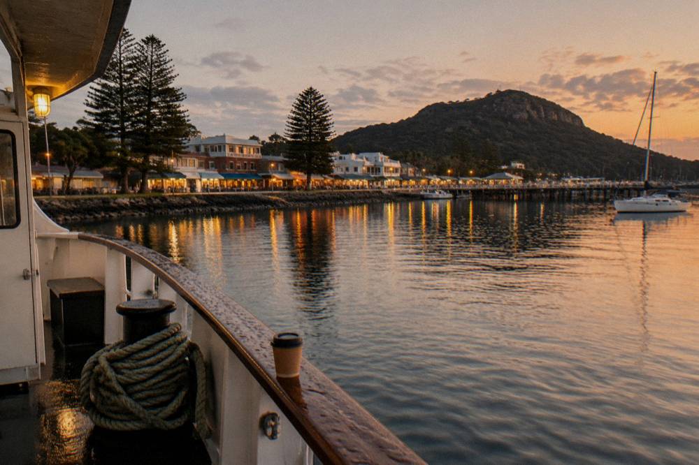 A small coastal town at dusk with lights reflecting across a sheltered bay