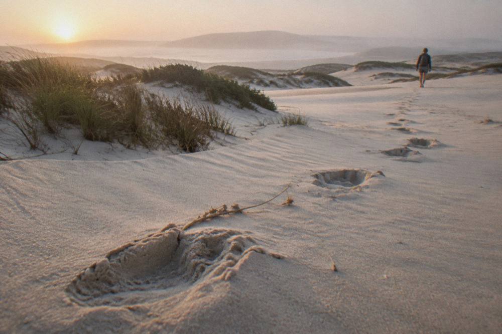 Footprints crossing smooth sand toward distant dune peaks
